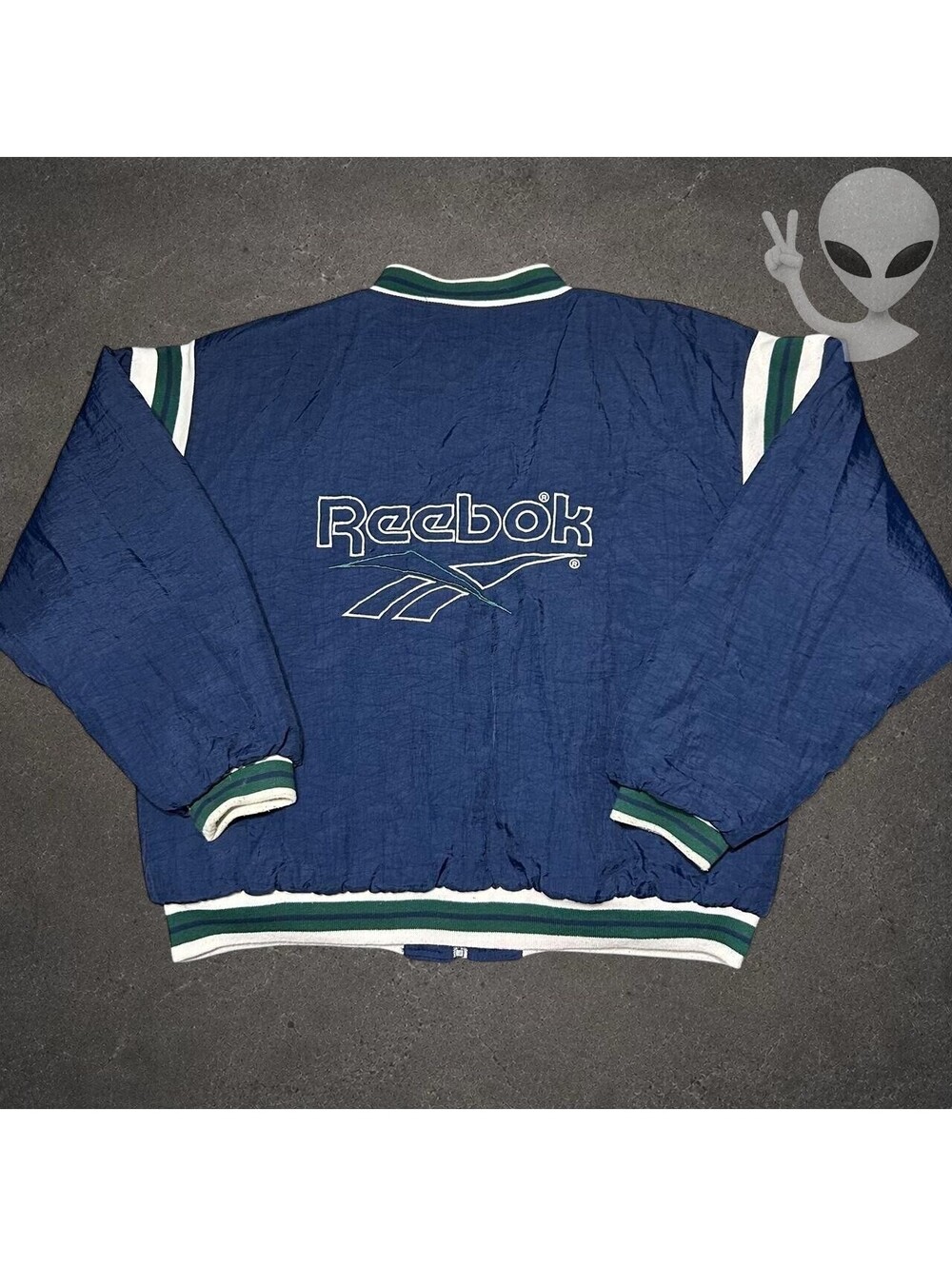 Vintage Reebok Quilted Bomber Puffer Jacket Navy Green Stripes Men's XL